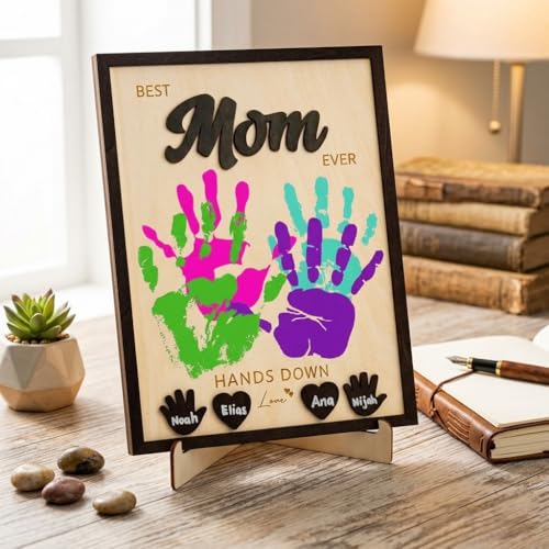 Mothers Day Gift DIY Handprint Frame, Best Mom Ever Gifts from Kids, Daughter, Son, Personalized Gifts for New Mom, Grandma, Wooden Hands Down Sign Decoration with Name Tags, Birthday Gift for Mom - color: Mom