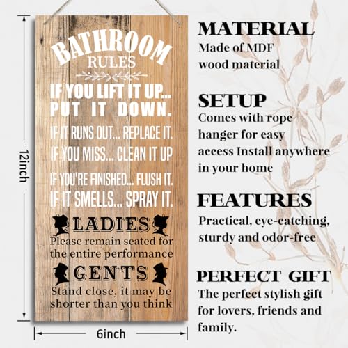 Funny Bathroom Wooden Plaque Sign, Bathroom Rules, Rustic Wall Art, Hanging Wooden Decor, Farmhouse Style 12x6inch (H4) - color: color10