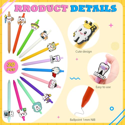 30 Pcs Teeth Ballpoint Pens Bulk Dental Pen Gifts Teeth Themed Writing Pens Retractable Black Ink Pens Motivational Work Pens for Dental Assistant Nurse Office Supplies - color: Tooth-30P