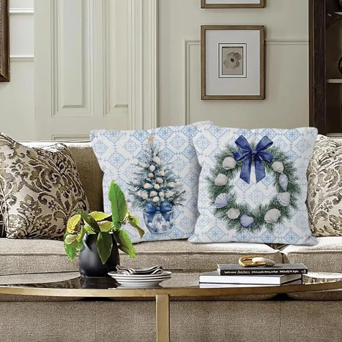 Blue Beach Coastal Chinoiserie Christmas Throw Pillow Covers 18x18 Set of 2, Coastal Beach Nautical Tropical Christmas Decorative Pillow Covers for Home Bedroom Couch - color: Blue Beach Coastal Chinoiserie