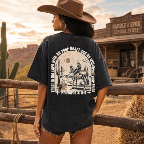 Oversized Western Shirts for Women Cowgirl Vintage Graphic Tees Christian Faith Acid Wash Shirt Bible Verse Tops - color: Black, size: Medium