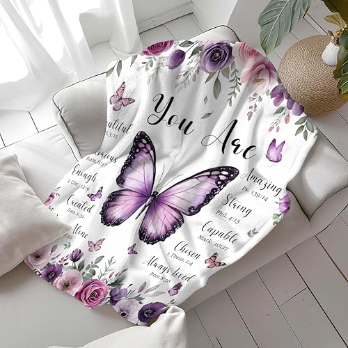 MASLEK Christian Bible Verse Purple Butterfly Flannel Blanket, 60x80 Inch - color: Purple, size: 80L" x 60W"