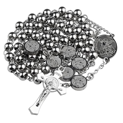 HanlinCC Catholic Rosary Necklace Stainless Steel Prayer Bead with Gift Box - color: Silver St.Michael