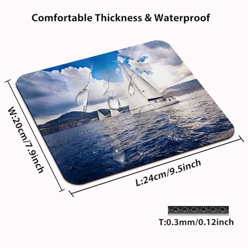 Nautical Sailing Boat and Sails on Sea Waves Cloudy Sky Adventure Photo Print Mouse Pad - color: Ocean Blue