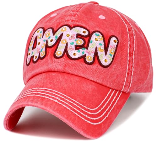 Bless Rodeo Country Horse Derby Womens Baseball Cap Distressed Vintage Unconstructed Embroidered Patch Hat - color: Hot Pink Amen Vintage Ballcap
