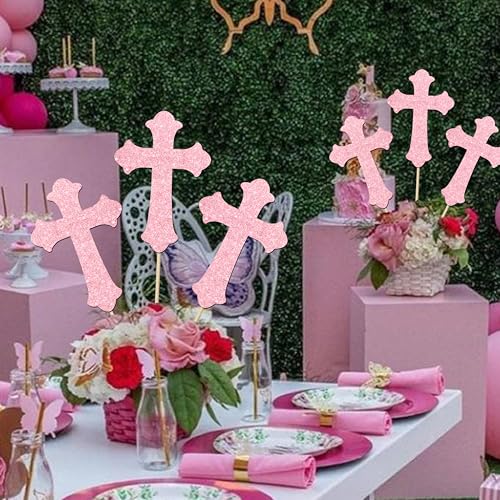 Cross Centerpiece Sticks 12Pcs LUCKYQUBE Pink Glitter Easter Cross God Bless Centerpieces for Table First Communion Baptism Decorations for Girls God Bless Theme Party Supplies