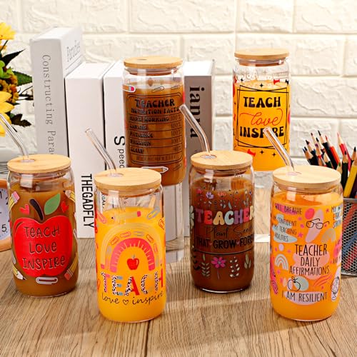 SiliFine 6 Pcs Teacher Pencil Apple Glass Cups, 16 oz with Lids and Straws - style: Inspire