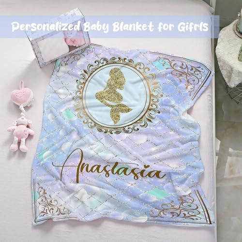 Personalized Baby Blanket for Girls, Custom Baby Blanket with Name, Customized Name Blankets for Kids, Soft Cozy Mermaid Receiving Blankets for Infant Toddler, Babys Gifts for Birthday - color: Cute Mermaid