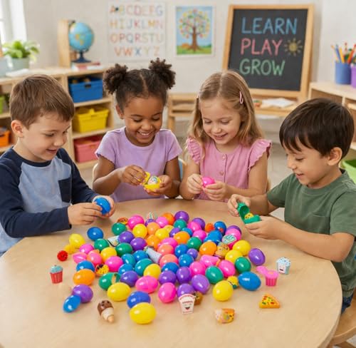 Fun Express 2 1/2" Bulk Toy-Filled Plastic Surprise Eggs (200 Pc.) - Animal Theme Party Favors, Classroom Giveaways, Carnival Prizes, and Goodie Bag Fillers for Kids