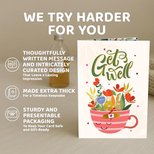 Decorably Pink and Gold Foiled 5x8in Individual Get Well Card with Envelopes and Stickers with Colorful Teacup Floral Design for Loved Ones, with Printed Message, Gifting, Mailing (Pack of 2) - size: 5x8 inches (Pack of 2)