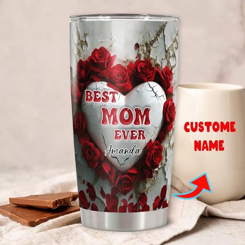 Personalized Best Mom Ever Tumbler Custom Name Red Roses Insulated cups Travel Coffee Mug with Lids Stainless Steel 20 30 Oz Gifts for Women Girl Birthday Mothers Day - color: Mom 629