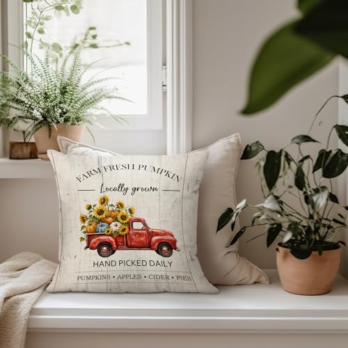 Farmhouse Fall Pumpkin Sunflower Truck Throw Pillow Covers 18x18 - color: Pumpkin-2