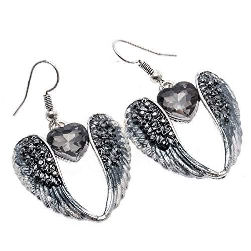Szxc Women's Crystal Guardian Angel Wings Hypoallergenic Dangle Earrings Biker Jewelry - 2 1/4 inch - color: Black Heart