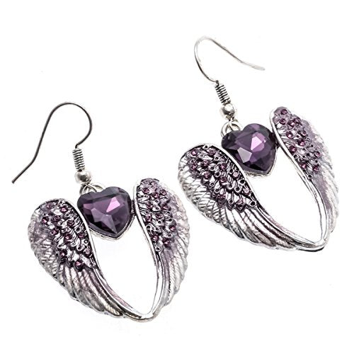Szxc Women's Crystal Guardian Angel Wings Hypoallergenic Dangle Earrings Biker Jewelry - 2 1/4 inch - color: Purple Heart