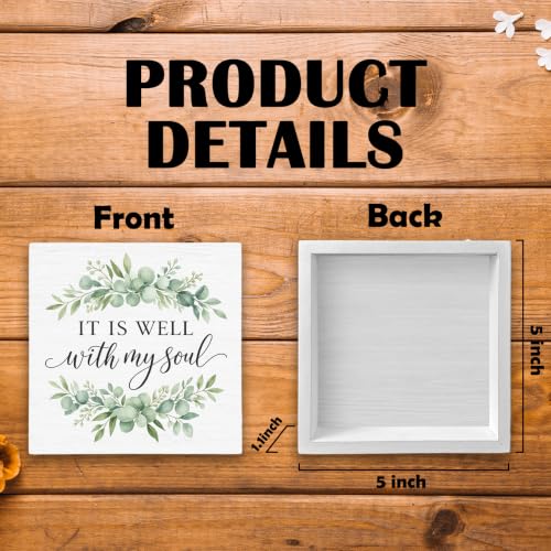 Christian Religious Bible Verse Wood Box Sign Desk Decor 5X5 - color: Soul Greenery