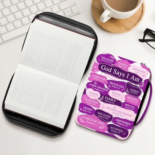 God Says I Am Bible Cover for Women with Handle and Zipper Pocket, Christian Scripture Case for Girls, Inspirational Purple Bible Bag, Fits Standard Size, Faith Gift for Mom, Church - color: Faith Inspiration 25