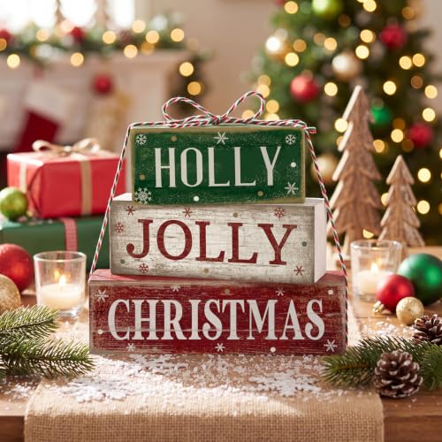 Moucuny 4 Pcs Christmas Table Decoration for Home Rustic Jolly Stacked Sign - style: Candy Christmas