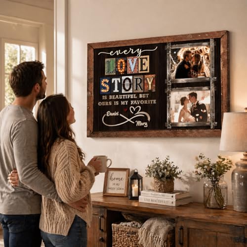 KiKiLuna Personalized Love Story Photo Canvas, Custom Couple Picture Wall Art Sign, Romantic Anniversary Wedding Gift for Husband Wife, Home Bedroom Decor - color: Style1
