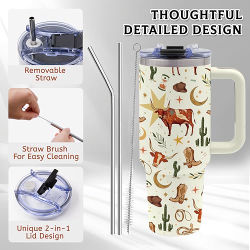 Rodeo Gifts for Women, 40oz Cowgirl Western Tumbler with Handle - color: Cowboy-Beige