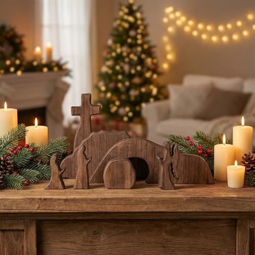 Wooden Nativity Set Easter Resurrection Scene Cross Decor