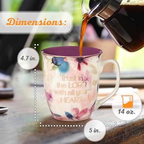 Christian Art Gifts Large Ceramic Inspirational Scripture Coffee & Tea Mug for Women: Trust in the Lord Golden Bible Verse, Non-toxic Lead/Cadmium-Free Cup, White & Purple Watercolor Floral, 14 oz. - color: Purple/Trust