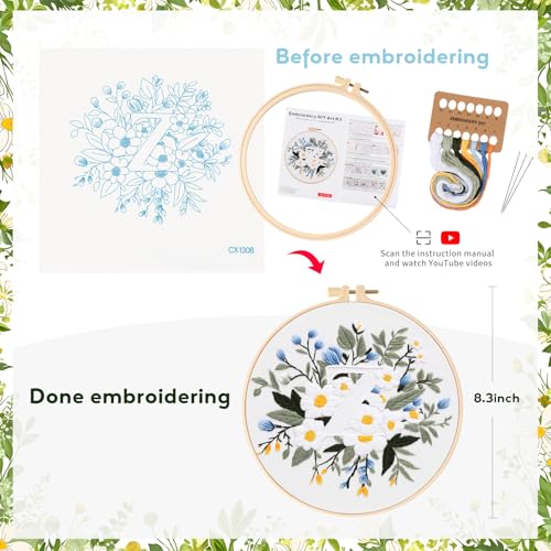 Zerzsy 7.87 '' Embroidery Kits Plant Flower Leaf English Letter Patterns for Beginners Adults, Easy to Learn Cross Stitch Kit for Home Office Decor - color: Letter Z