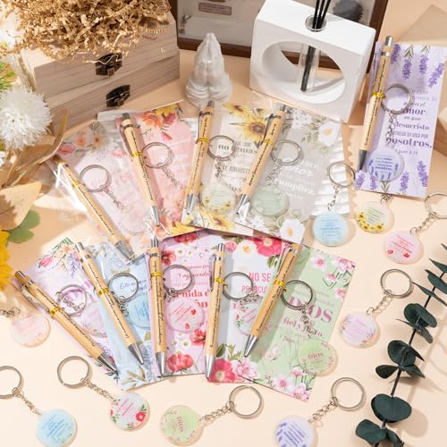 ANGOLIO Spanish Christian Religious Gifts - Back to School Gift 230P Colorful Flower Regalos Cristianos En Español Bible Verse Bamboo Pen Keychain Bookmark Stationary for Women Men VBS Church Supplies - style: Colorful Floral