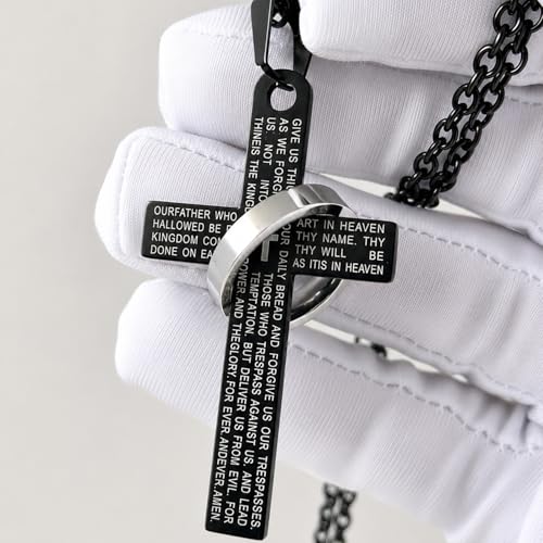 Lord's Prayer Engraved Cross Pendant Necklace with Ring Stainless Steel Religious Jewelry for Men and Women, Faith-Inspired Gift - color: Black