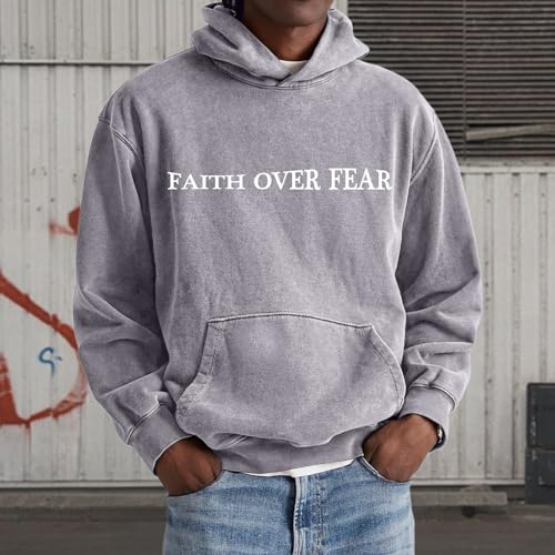 Christian Faith Over Fear Hoodies for Men Jesus Religious Graphic Sweatshirt Bible Verse Acid Wash Pullover Hoodie - color: Gray, size: X-Large
