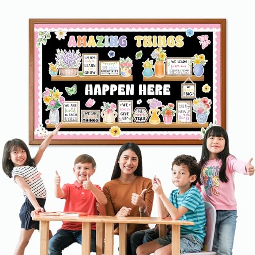 74pcs Back to School Bookshelf Bulletin Board Decorations Amazing Things Happen Here Paper Cutouts Floral Cards Motivational Cutout Classroom Decor for Classroom School Offices Chalkboard Wall Decor - style: Spring Floral