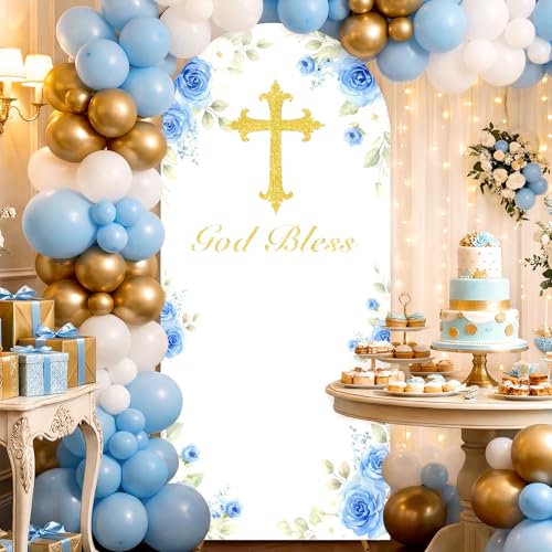 Blue God Bless Arch Backdrop Cover 6.1x2.6ft Blue Floral Cross Theme Party Decoration Stretchy Fabric Washable Reusable Arch Stand Cover for Boy Girl Religious Ceremony Church Event Supply - color: blue god bless