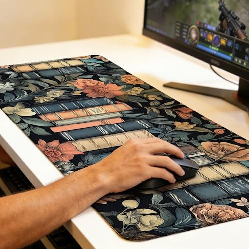 Books and Flowers Mouse Pad,35.4 x 15.7 Inch Large Mouse Mat Non-Slip Rubber Stitched Edges for Writing Desk,Office,Home,Laptop - color: Books and Flowers, size: 35.4L x 15.7W inches