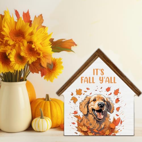 Fall Dog Decorations, Golden Dog Maple Leaves House Shaped Wood Block Sign - color: Its