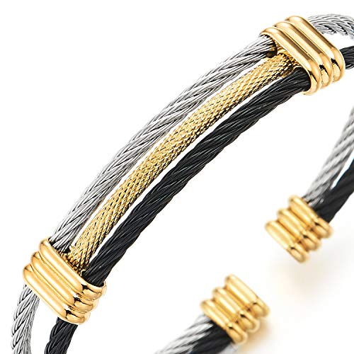 Men Women Stainless Steel Twisted Cable Adjustable Cuff Bangle Bracelet - color: G-Metal Color: Silver & Black & Gold