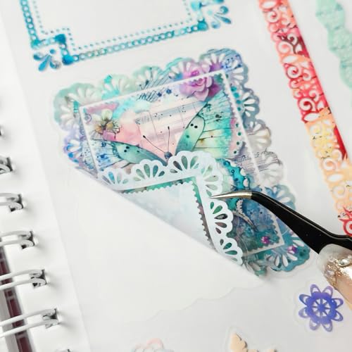 130 Pcs Pastel Fade-Resistant Lace Scrapbook Stickers - Vintage Colorful Butterfly Feather Embellishments, Waterproof Reusable DIY Decor for Journal Wedding Photo Album Craft Gift Seasonal Projects - color: Printed Lace Stickers