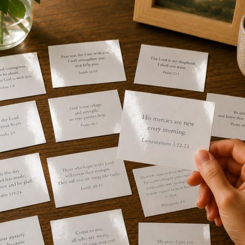 Bible Verse Cards with Wood Stand, 48 Prayer Cards for Daily Display - color: Minimalist