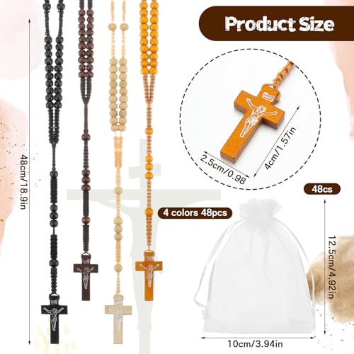 Tenceur 48 Pcs Wooden Rosary Bead Necklace Wood Catholic Carved Beads with Jesus Cross First Communion Rosary Bulk with Organza Bags Baptism Favors Catholic Gift for Men Women(Multicolor) - color: Multicolor