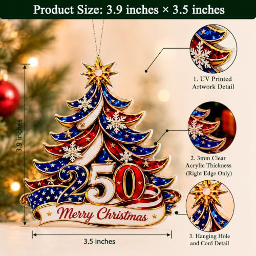 America 250th Anniversary Christmas Ornament 2026 with Patriotic USA Design for the Christmas Tree, Red White Blue Fourth of July Decor and Independence Day Decorations, Holiday Keepsake Gift - color: 250 Christmas Tree Ornament 3