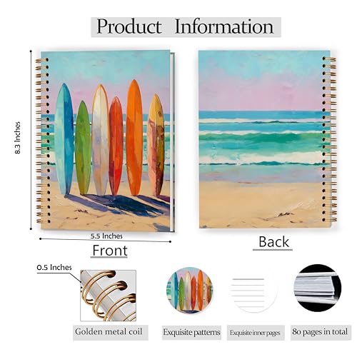 Vintage Coastal Beach Notebook, Abstract Colorful Surfboard Nautical Journal for Office Supplies, Surfing Gifts, Retro Summer Vibes Spiral Notebook Journal 5.5x8.3 - color: Color 05