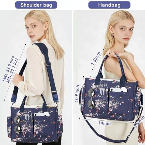 Janhavi Travel Tote Bag for Women with Zipper Closure & Shoulder Strap, Large Canvas Handbags for Bible Work Teacher Nurse - color: Dark Blue & Small Flower