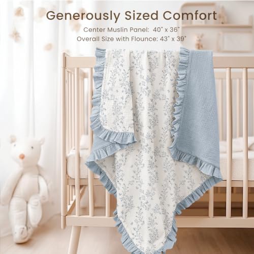 Konssy 100% Cotton Muslin Baby Blanket with Ruffle Trim for Girls, 43"x39" - color: Blue Garden
