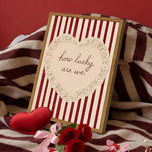 Framed How Lucky Are We Wall Art, Vintage Red Striped Pictures Wall Decor, Romantic Lace Heart Quote Paintings Canvas Prints Coquette Home Decor for Living Room Bedroom Bathroom 16x24 inch - color: Red Striped, size: 24"L x 16"W