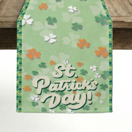 Green Shamrock Clover St. Patrick's Day Table Runner, Seasonal Buffalo Plaid Kitchen Dining Decoration for Home Party, Indoor Outdoor Holiday Table Decor, 13x72 Inch - style: Light Green Clover