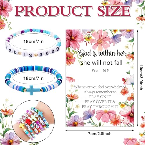 Kenning 24 Sets Christian Cross Bracelets Bulk with Bible Cards Colorful Elastic Stackable God Is Good Beads Bracelets Inspirational Religious Gift for Vbs Sunday School Church