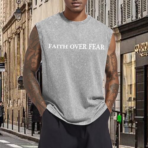 Mens Christian Sleeveless Shirts Faith Over Fear Graphic Tank Tops Gym Workout Acid Wash Tanks Cut Off Muscle Shirt - color: Light Gray, size: Large