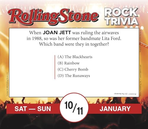 Rolling Stone Rock Trivia 2026 Daily Desk Calendar: Boxed Page-a-Day Music Quiz Calendar with Day-to-Day Rock History, Legends & Iconic Moments - color: Rolling Stone Rock Trivia