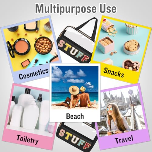 Chenille Letter Clear Makeup Bags Stuff Tote, Preppy Patch Makeup Bag Zipper with Handle, Waterproof PVC & Nylon Portable Glitter Large Cosmetic Travel Toiletry Storage for Women Girls(STUFF-Black) - color: STUFF-Black