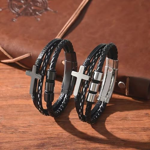 Multi-Layer Braided Leather Bracelets Mens Cross Leather Bracelet Wristband Religious Leather Bracelets Men Customized Gifts - color: black+silver, size: 8.3