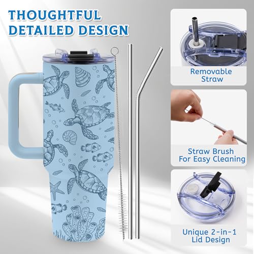 Sea Turtle Gifts for Women, 40oz Tumbler with Handle & Straw - color: Turtle-Blue