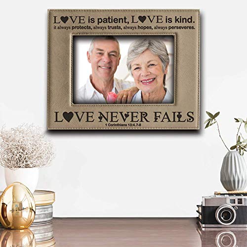 BELLA BUSTA -Love Never Fails-1 Corinthians (bible verse)-Couple Wedding Anniversary Keepsake for Her, Him-Valentines Day - Engraved Leather Picture Frame (4 x 6 Horizontal) - size: 4 x 6 Horizontal